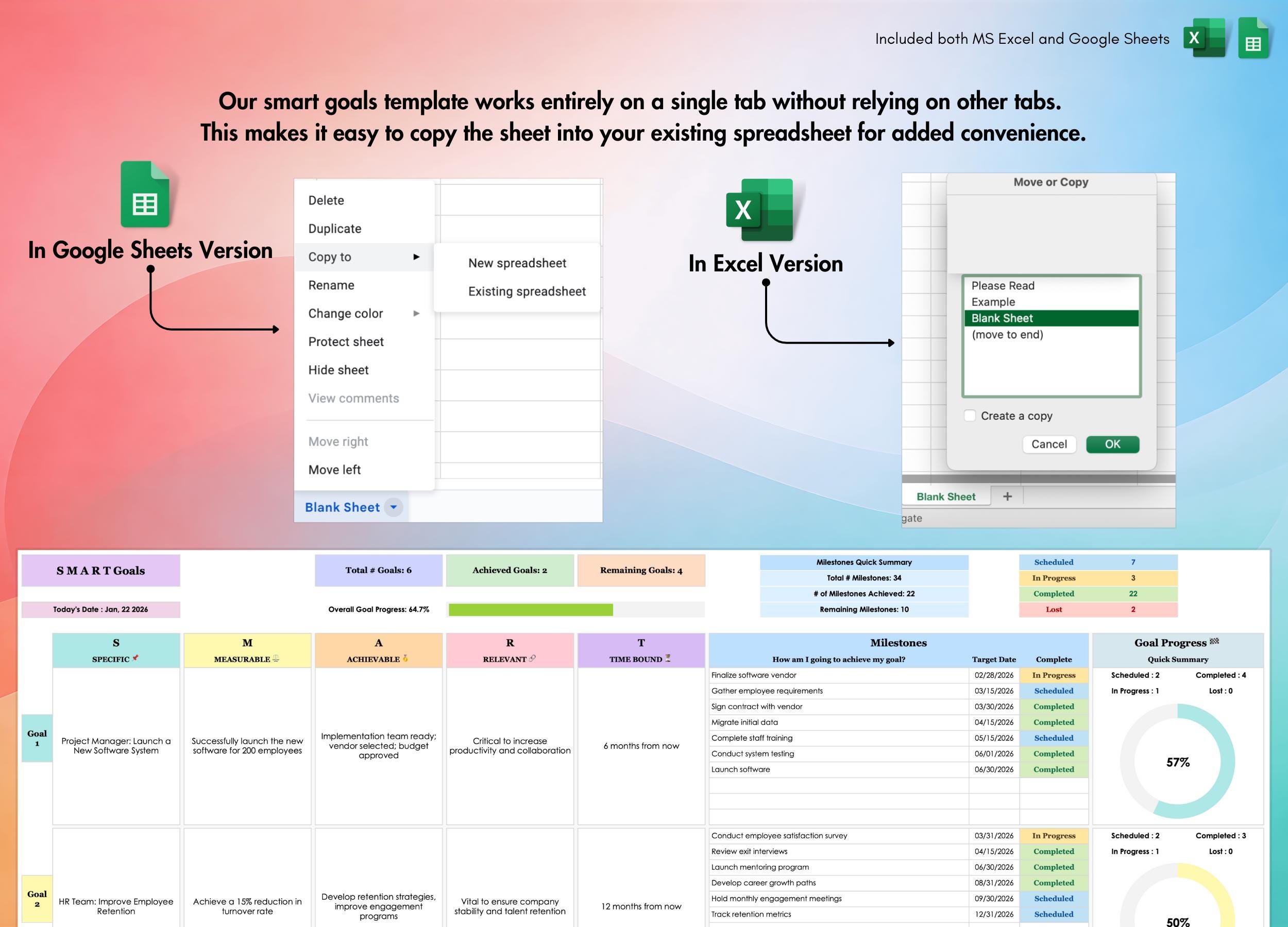 SMART Goals Template for Excel and Google Sheets | 10 Goals per Sheet ...