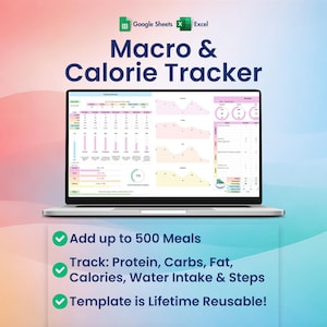 Suivi des macros et des calories, Excel, feuilles de calcul Google, planificateur de repas, macros hebdomadaires, consommation d'eau, nombre de pas,