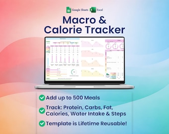 Rastreador de macros y calorías, Excel, Hojas de cálculo de Google, Planificador de comidas, Macros semanales, Ingesta de agua, Pasos,