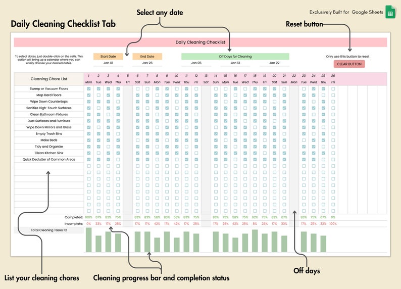 Cleaning Checklist for Google Sheets | Cleaning Chores Daily Weekly ...
