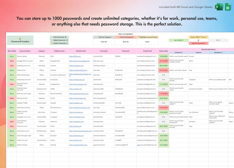 Password Tracker for Excel and Google Sheets | Show or Hide Password ...