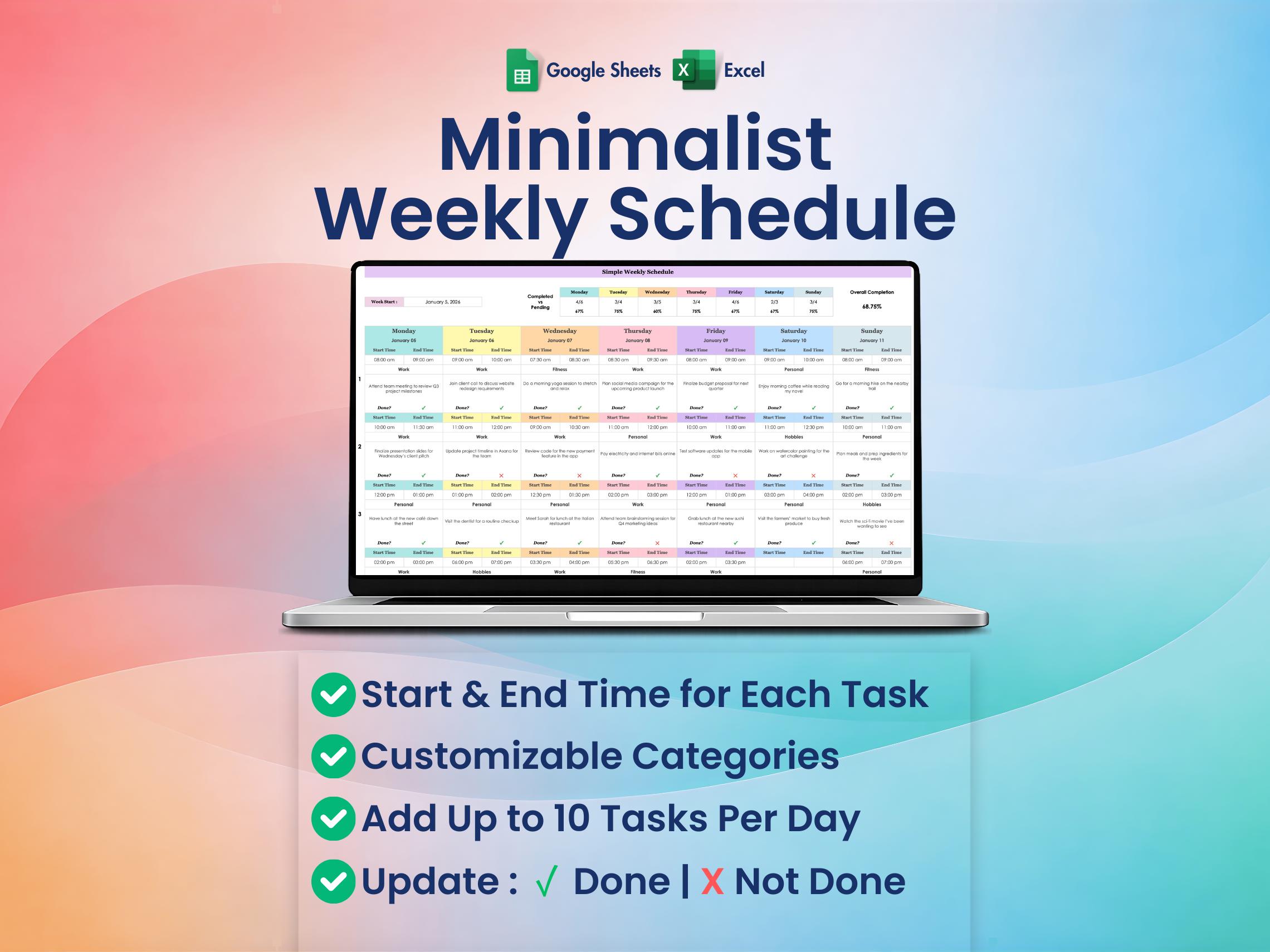 Weekly Schedule Template, Excel, Google Sheets, Daily Task Tracker ...