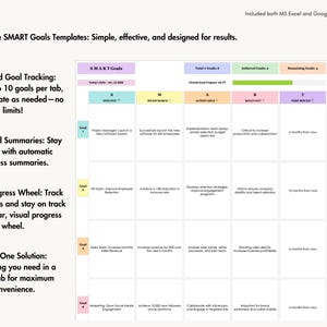 SMART Goals Template for Excel and Google Sheets | 10 Goals Per Sheet | Goal Progress