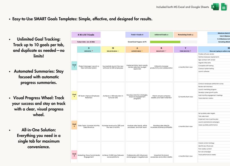 SMART Goals Template for Excel and Google Sheets | 10 Goals Per Sheet | Goal Progress