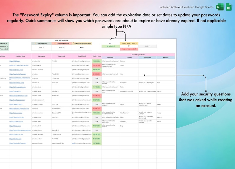 Password Tracker for Excel and Google Sheets | Show or Hide Password ...