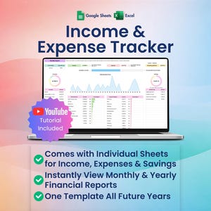 Income Expense Tracker Excel, Google Sheets Finance Template, Monthly Annual Report, Savings Tracker