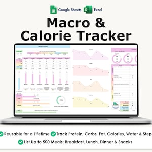 Macro and Calorie Tracker, Excel, Google Sheets, Meal Planner, Weekly Macros, Water Intake, Steps,
