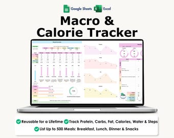 Monitoraggio di macro e calorie, Excel, Fogli Google, Pianificatore di pasti, Macro settimanali, Assunzione di acqua, Passi,