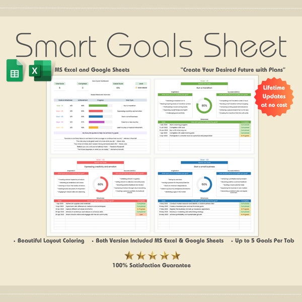 Modèle d'objectifs intelligents, modèle d'objectifs intelligents : vous aide à atteindre vos objectifs intelligents, feuille de calcul pour fixer des objectifs, planificateur d'objectifs, Excel