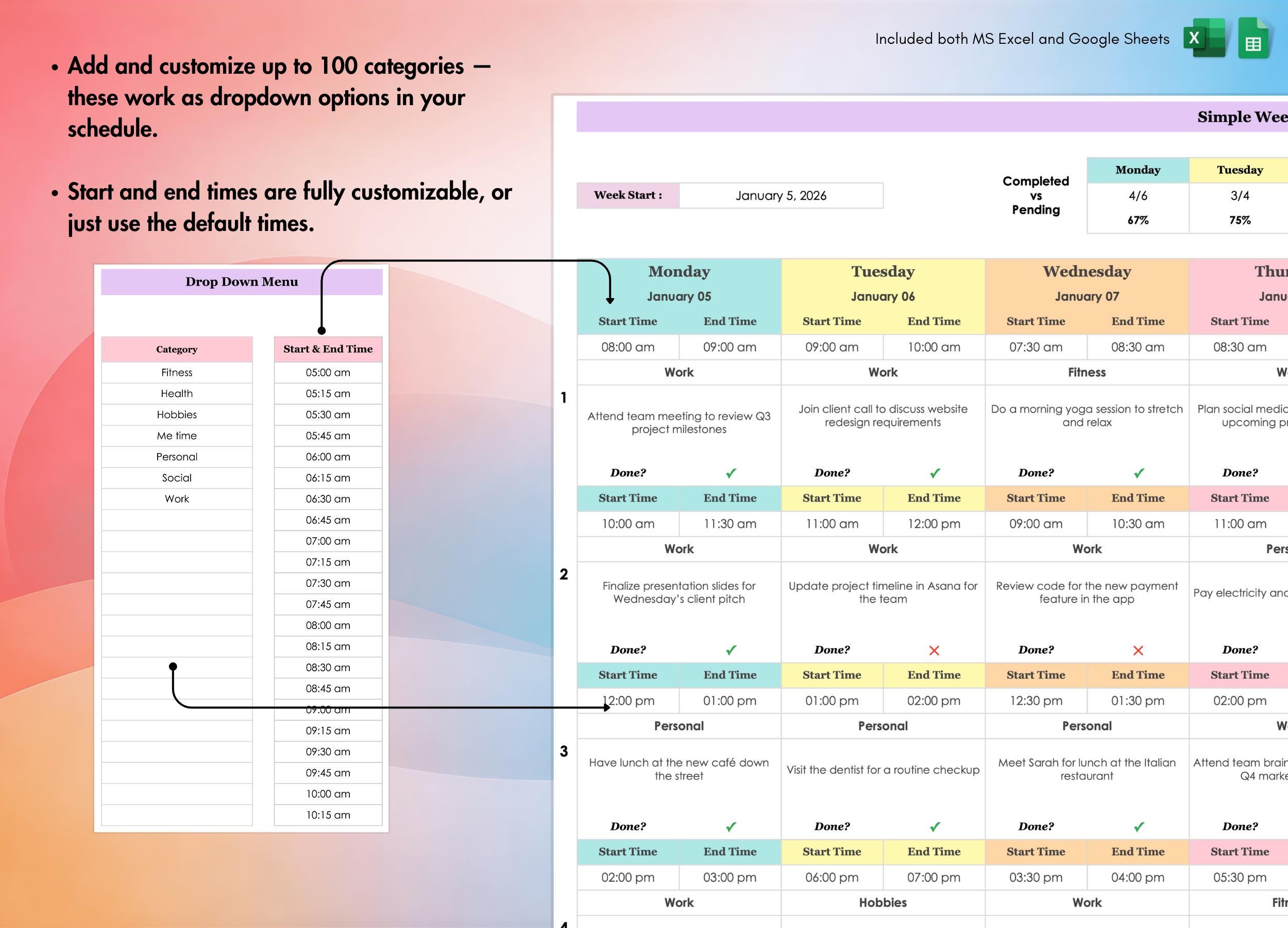 Weekly Schedule Template, Excel, Google Sheets, Daily Task Tracker ...