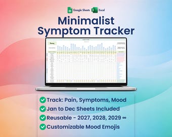 Symptom Tracker, Excel, Google Sheets, Mood, Pain Journal, Wellness Planner, Emotion Tracker, Health Record