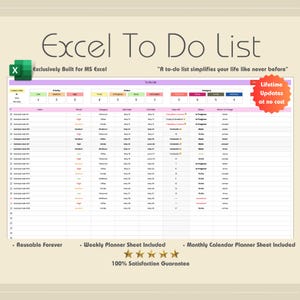 Modelo de lista de tarefas do Excel 2025, planejador semanal, planejador de calendário mensal, lista de verificação diária, tarefas diárias, planejador de produtividade,