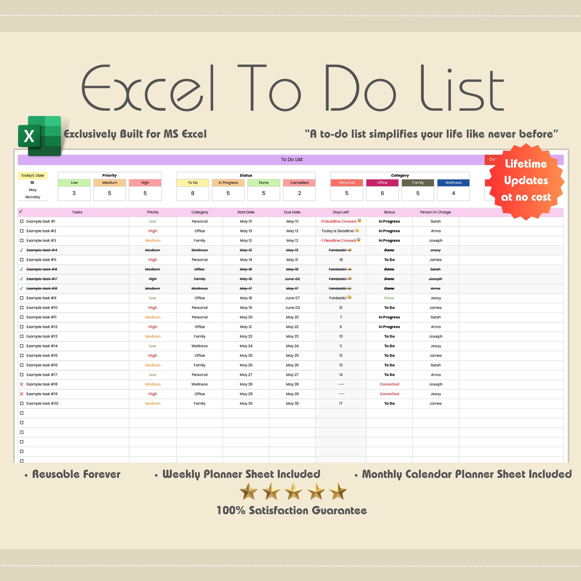 Excel To-Do List Template: Weekly, Monthly, Daily Planner (MS Excel File Only)