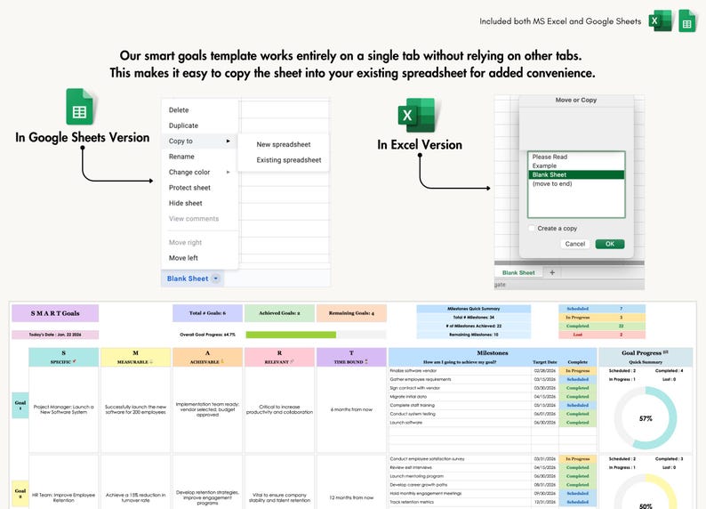 SMART Goals Template for Excel and Google Sheets | 10 Goals Per Sheet | Goal Progress