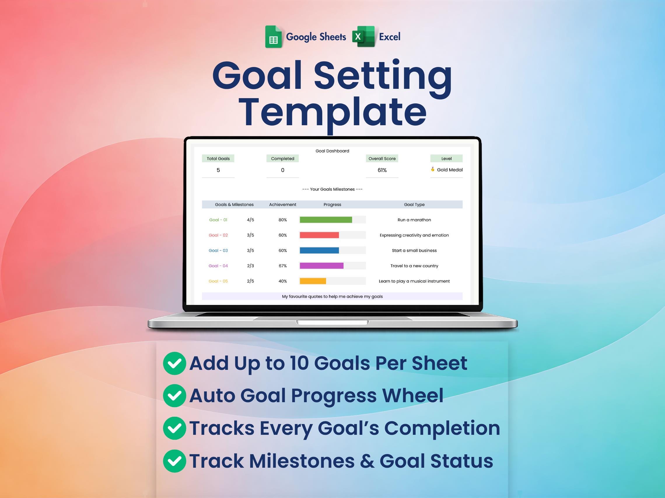 Goal Setting Spreadsheet, Excel, Google Sheets, Objectives Tracker ...