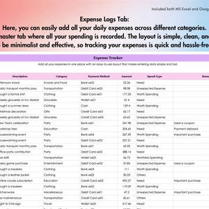 Expense Tracker, Excel, Google Sheets, Spending Log, Monthly Expenses, Payments, Cost Report, Finance Sheet