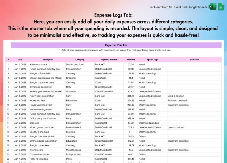 Expense Tracker, Excel, Google Sheets, Spending Log, Monthly Expenses, Payments, Cost Report, Finance Sheet