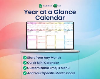 2026 Year at a Glance Calendar, Excel, Google Sheets, Undated, Annual, Monthly, Event Organizer