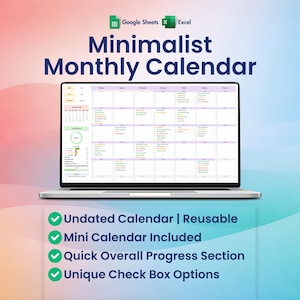 Hoja de cálculo de calendario mensual / Rastreador de tareas / Imprimible / Google Sheets y Excel / Reutilizable cualquier año