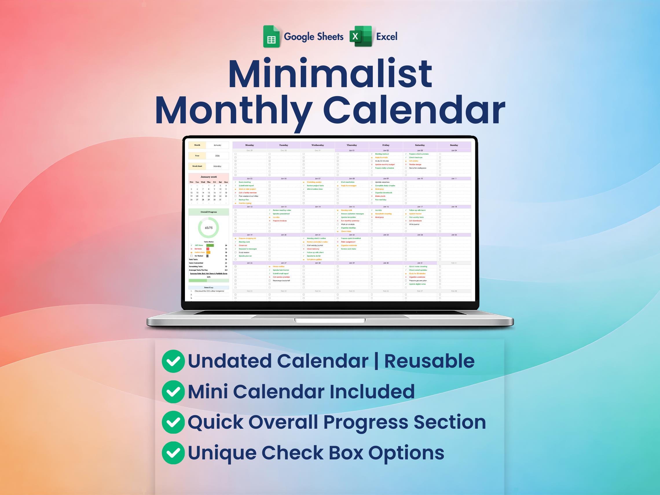 Monthly Calendar Spreadsheet | Task Tracker | Printable | Google Sheets ...