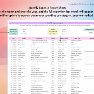Expense Tracker, Excel, Google Sheets, Spending Log, Monthly Expenses, Payments, Cost Report, Finance Sheet