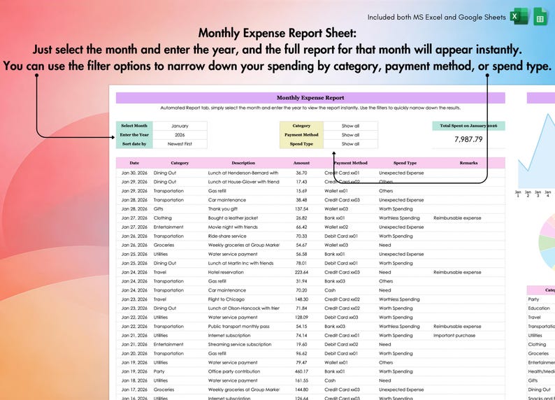 Expense Tracker, Excel, Google Sheets, Spending Log, Monthly Expenses, Payments, Cost Report, Finance Sheet