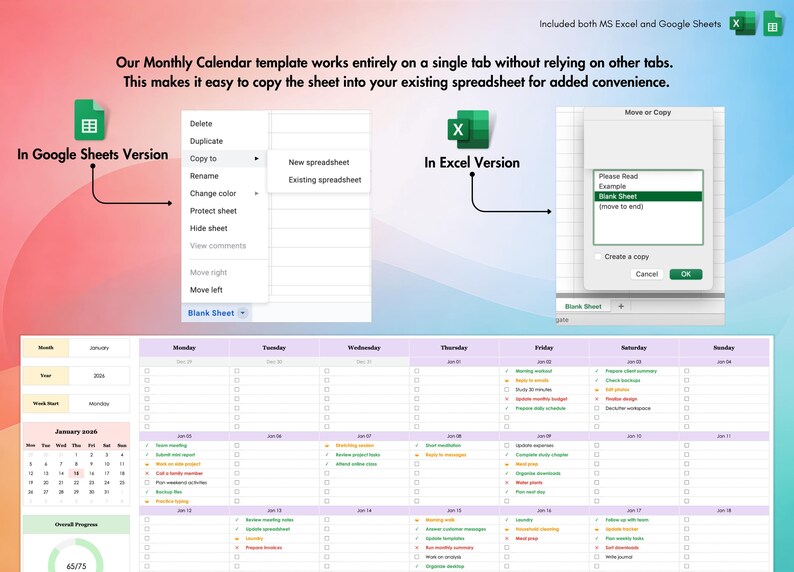 Monthly Calendar Spreadsheet | Task Tracker | Printable | Google Sheets ...