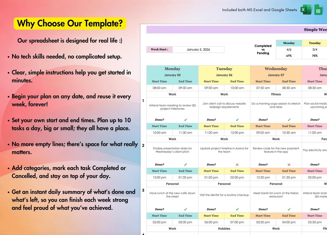 Weekly Schedule Template, Excel, Google Sheets, Daily Task Tracker ...