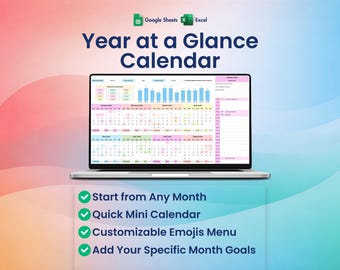 2026 Year at a Glance Calendar, Excel, Google Sheets, Undated, Annual, Monthly, Event Planner