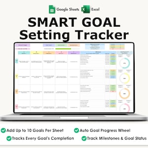Modello di obiettivi SMART per Excel e Fogli Google / 10 obiettivi per foglio / Monitoraggio dei progressi