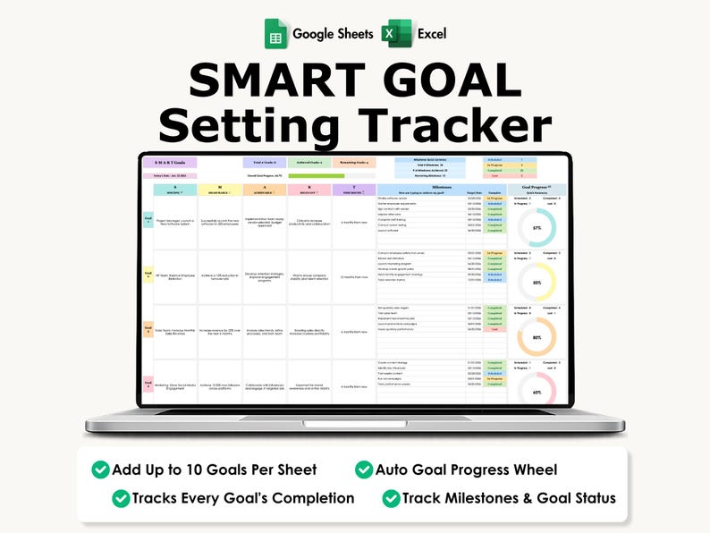 SMART Goals Template for Excel and Google Sheets | 10 Goals Per Sheet | Goal Progress