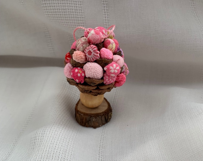 Miniature Pinecone Pink Ornament Chirimen Japanese Silk Fabric Scraps Pillows OOAK Kawaii Mushroom Hawaii Upcycle