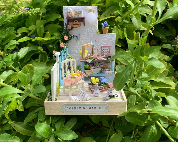 Corner of Garden Diorama Miniature Garden Tools Light Patio Chair Flowers Fence Gate Gift for Her Kawaii Paper Rose Basket Dust Cover