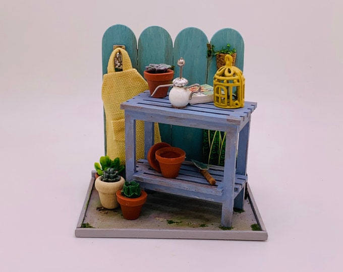 Miniature Greenhouse Patio Diorama Blue Workbench Succulent Terra Cotta Pots Apron Birdcage Plant Mister Shovel Book OOAK Kawaii Planter