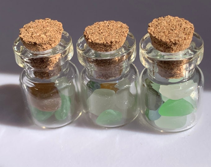 Miniature Hawaiian Sea Glass in a Bottle with Cork Set of Three Beach Theme Ornament Dollhouse Nautical Decor with or without hook