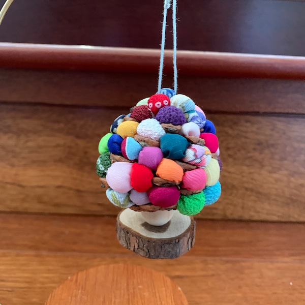 Miniature Pinecone Multi Color Rainbow Ornament Chirimen Japanese Silk Fabric Scraps Pillows OOAK Kawaii Mushroom Hawaii Upcycle