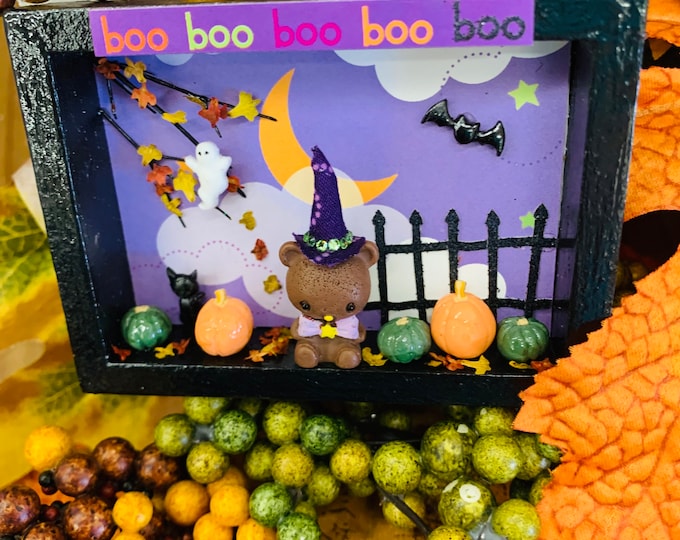 Miniature Halloween Shadowbox Bear Witch Project Pumpkins Decoration Fall Leaves Autumn Bat Black Cat Ghost Boo OOAK 2 1/2" x 3 1/2" Kawaii