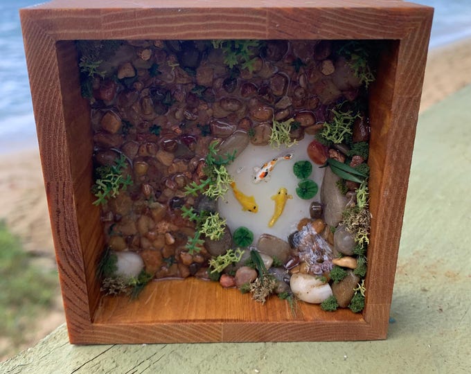 Miniature Koi Pond Zen Garden Water Feature Japanese Rock Garden Plants Koi Swimming Resin Art in 4" x 4" frame 1" high