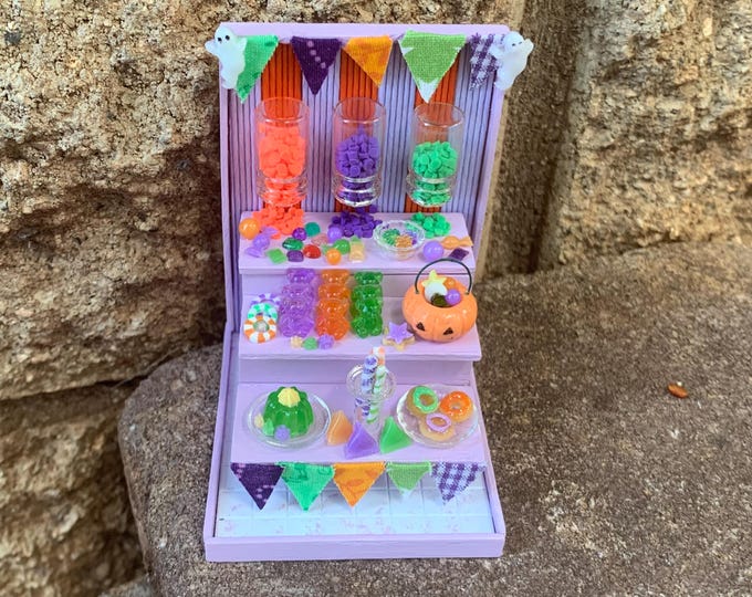 Miniature Halloween Candy Display Purple Orange Green Gummi Bears Jack-O-Lantern Candy Bucket Wrapped Hard Candy Pennants Ghost OOAK 3" Tall