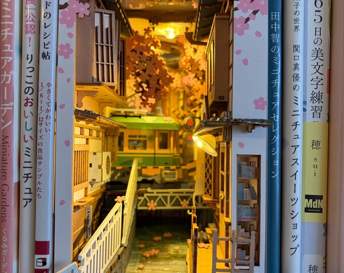 Miniature Bookcase Nook Sakura Densha Japanese Train Scene with Lights Onsen Street Scene River Cherry Blossoms Windows Bridge
