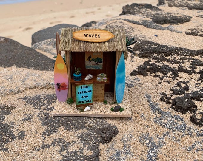 Miniature Surf Shack Diorama Waves Long Board Short Board Surfboard Wax Vintage Poster Thatched Roof Palm Tree Sea Shells Sand Kawaii