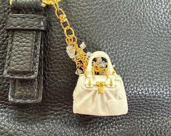 Purse or Backpack Charm Miniature Gatchapon Japanese White Purse Handbag Swarovski Crystal Beads Kawaii Keychain in Gift Box
