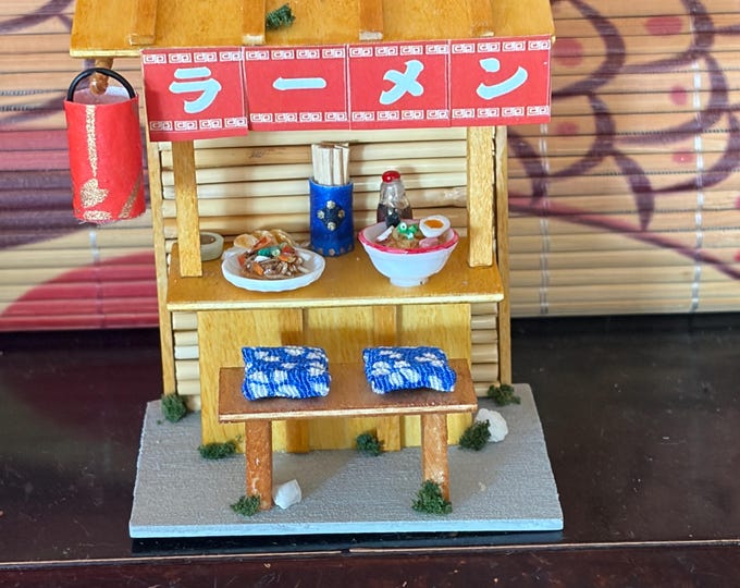 Ramen Stand Miniature Diorama Yatai Char Sui Ramen Yaki Soba Gyoza Shoyu Chopsticks Japanese Lantern Noren Blue Bamboo Kawaii OOAK gift
