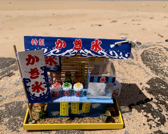 Kakigori Japanese Shaved Ice Stand Miniature Diorama Strawberry Melon Lemon Syrup Noren Ice Cooler Bamboo Flags Beach Summertime