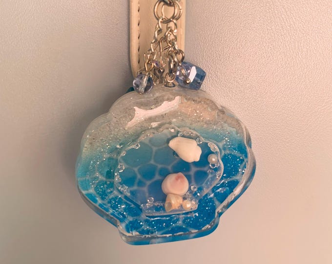 Purse or Backpack Charm Miniature Seashell Shaker Glitter Swarovski Crystal Beads Pearls Kawaii Keychain OOAK