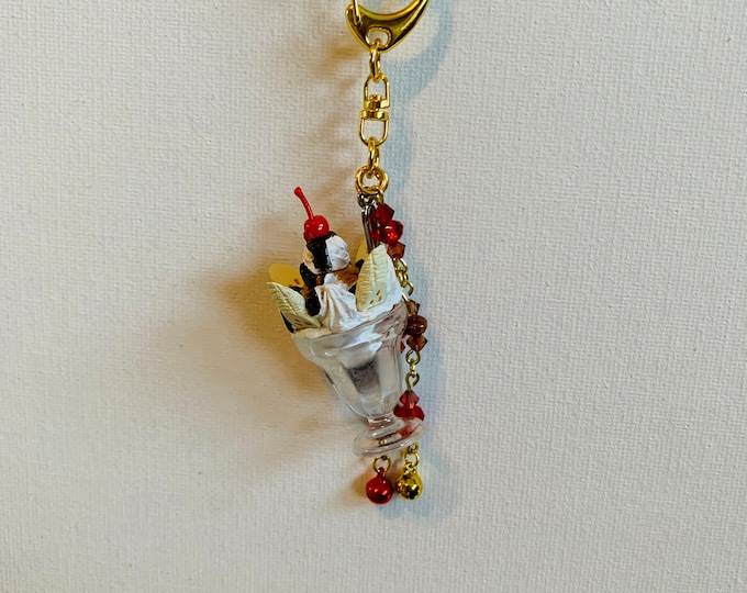 Purse Charm Miniature Banana Royale Ice Cream Sundae Swarovski Crystal Beads Chocolate Cherry Whipped Cream Kawaii Keychain Parfait Glass