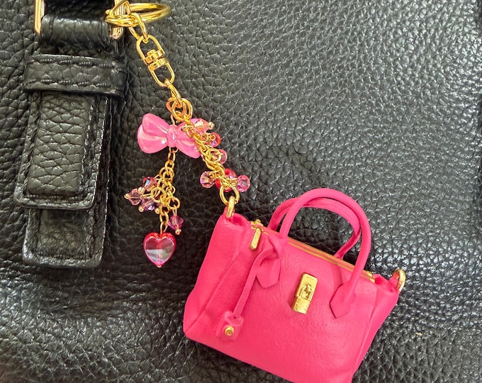 Purse or Backpack Charm Miniature Gatchapon Japanese Pink Purse Handbag Swarovski Crystal Beads Kawaii Keychain in Gift Box