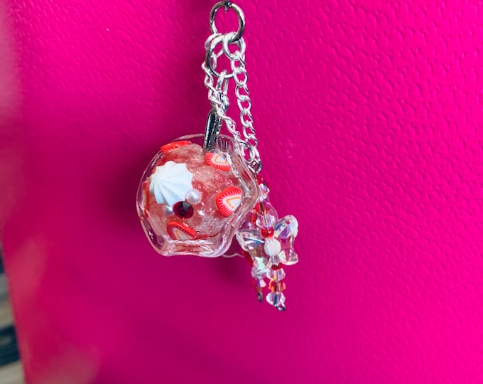 Purse or Backpack Charm Miniature Strawberry Shave Ice Kakigori Whipped Cream Swarovski Crystal Beads Kawaii Keychain Parfait Glass OOAK