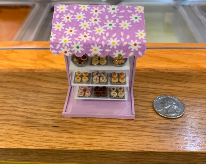 Miniature Tiny Donut Shop Diorama Boston Cream Twist Sprinkles Lemon Strawberry Chocolate Cinnamon Mochi Purple Canopy Kawaii OOAK Handmade