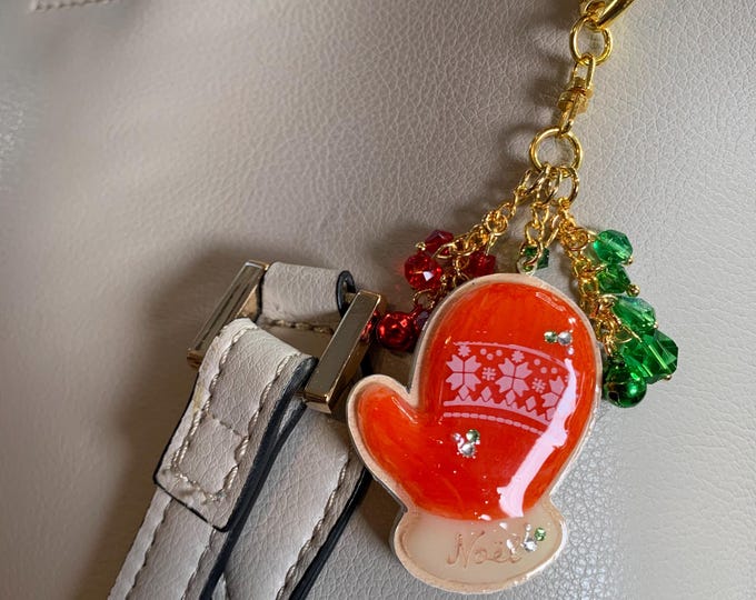 Purse or Backpack Charm Miniature Christmas Mitten Cookie Swarovski Crystal Beads Kawaii Keychain Handmade Gold Tone OOAK